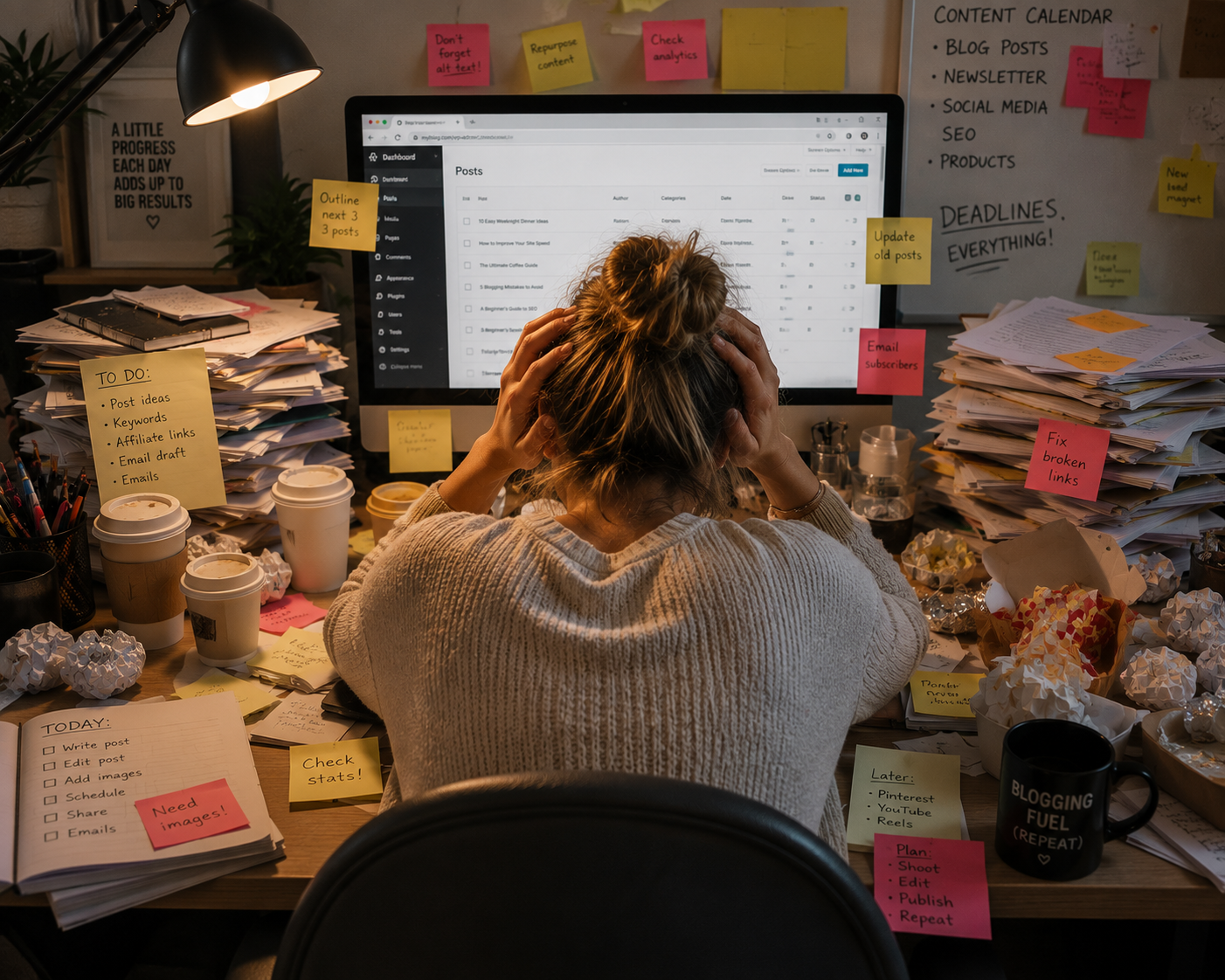 Overworked blogger at her desk